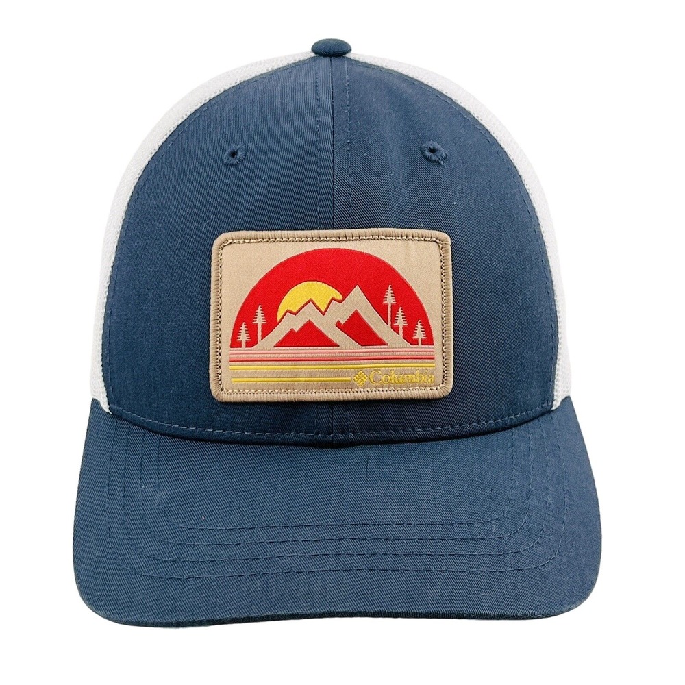 Columbia Trucker Hat Mountain Logo Patch Blue White Mesh Adjustable Cap
